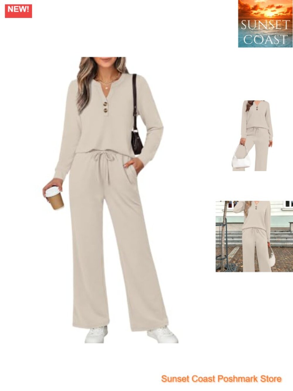 Womens Two Piece Lounge Set Wide Leg Pants V-Neck Travel Set